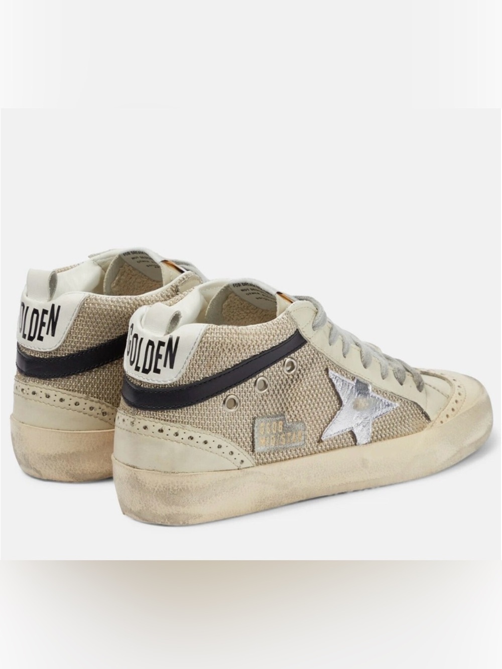 Golden Goose Cream Mesh and Black Leather Mid Star Sneakers with Silver Star - Picture 3 of 11